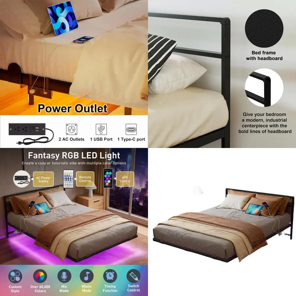 

14 Queen Size Floating Bed with Smart LED Lighting and USB Ports, Easy Assembly, No Box Spring Required