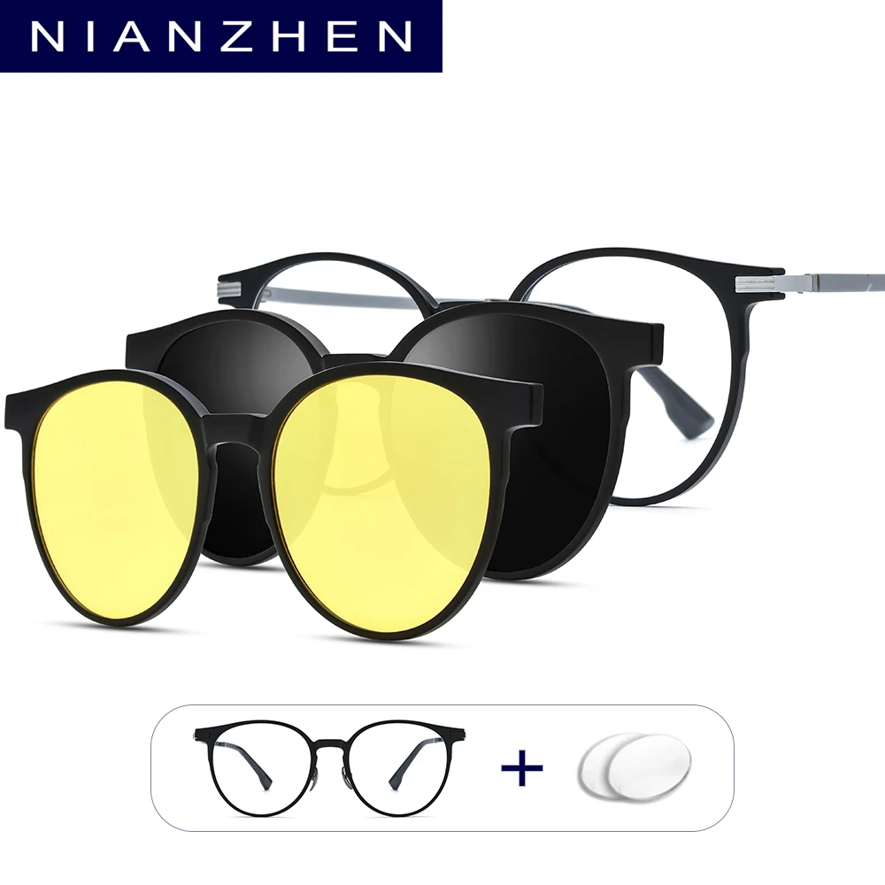 NIANZHEN TR90 Prescription Glasses Custom Myopia Optical Eyewear Men Round Magnet Eyeglasses Night Vision Polarized Lens 9016