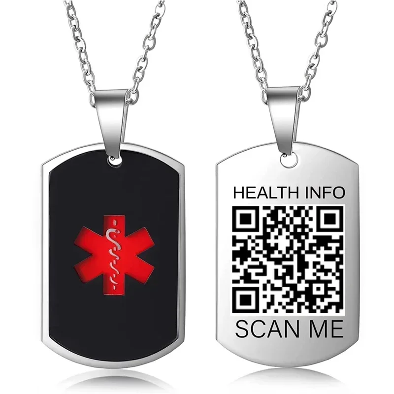 Stainless Steel Medical Alarm ID Necklace Free Carved QR Code Men\'s and Women\'s Identity Tags Emergency Rescue Pendant Jewelry