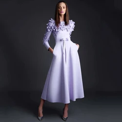 Chic Flowers Long Sleeve Evening Dress O-Neck A-Line Tea-Length Women Party Banquet with Pocket and Bow Lavender Customize Gowns