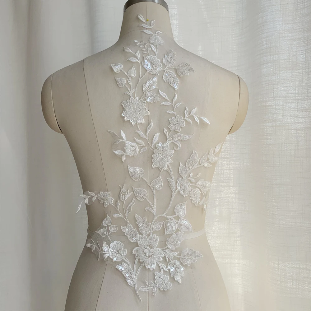 Perlenbestickte Spitze, Spiegelblumen-Applikation, Hochzeitskleid-Dekorationszubehör, Handgemachtes DIY – Detail 9