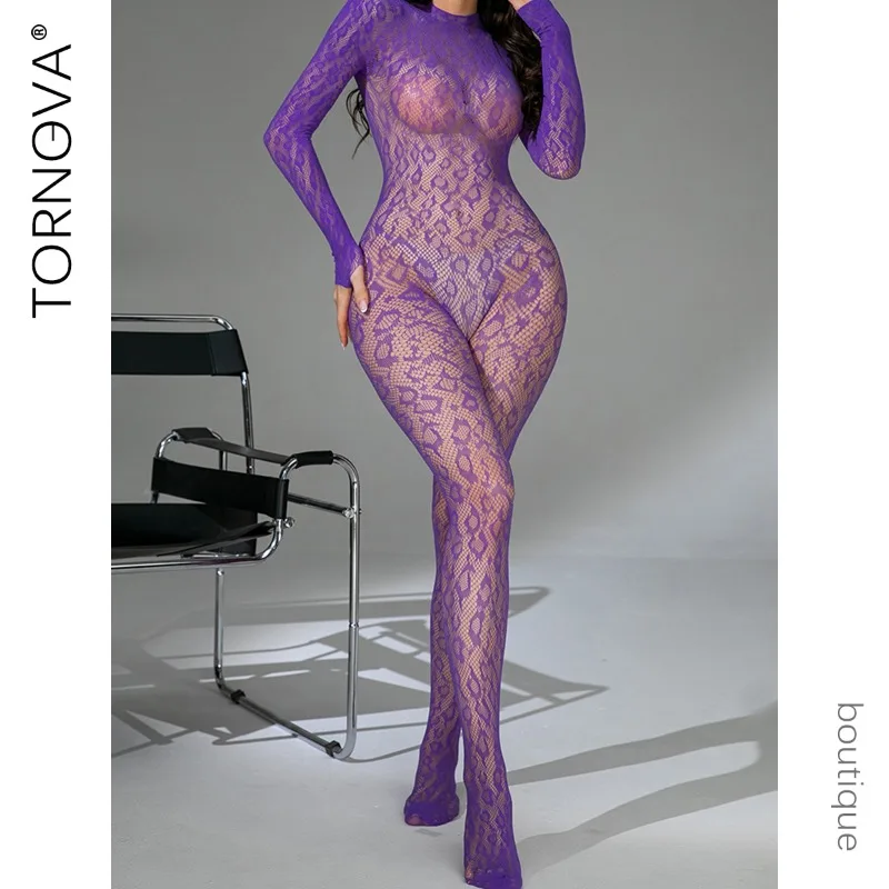 

Tornova Erotic Bodysuit Net Clothes Sexy Skinny Long Sleeves Backless Jacquard Solid Color Seductive Hollow Private Hot Pajamas