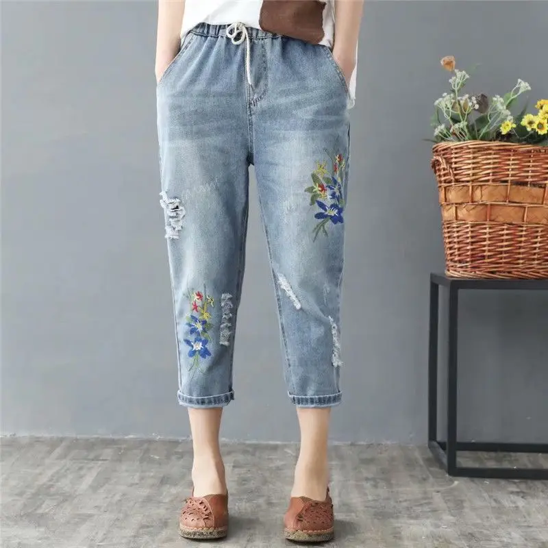 2024 New Women JeansNew Spring Fall  Denim Pants Loose Large Size Elastic Waist Vintage Jeans  Trousers