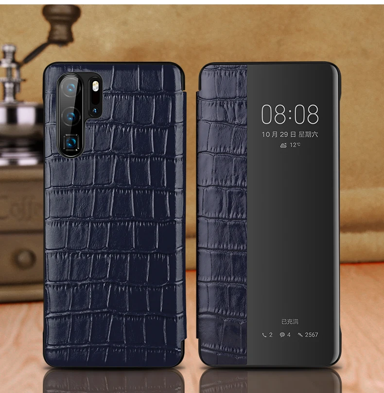 Imagem -05 - para Huawei P30 Couro Genuíno Crocodilo Padrão Ímã Case do Telefone para Huawei P30 Pro Flip Capa Carteira Inteligente Janela Case