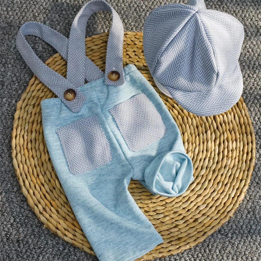 Ylsteed Conjunto de fotografía para recién nacido, traje de caballero con gorra de estilón, pelele de punto suave, accesorios para sesión de fotos de bebé de 0 a 3 meses