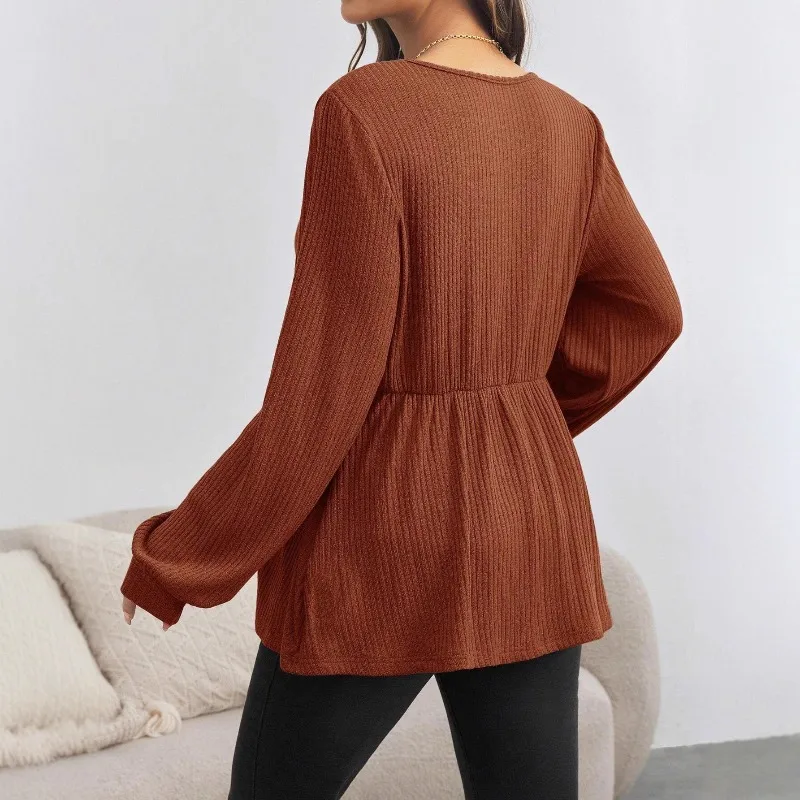 New Autumn V-neck Solid Color Loose Pregnant Woman T-shirt Clothes Long Sleeve Pullover Maternity Dress
