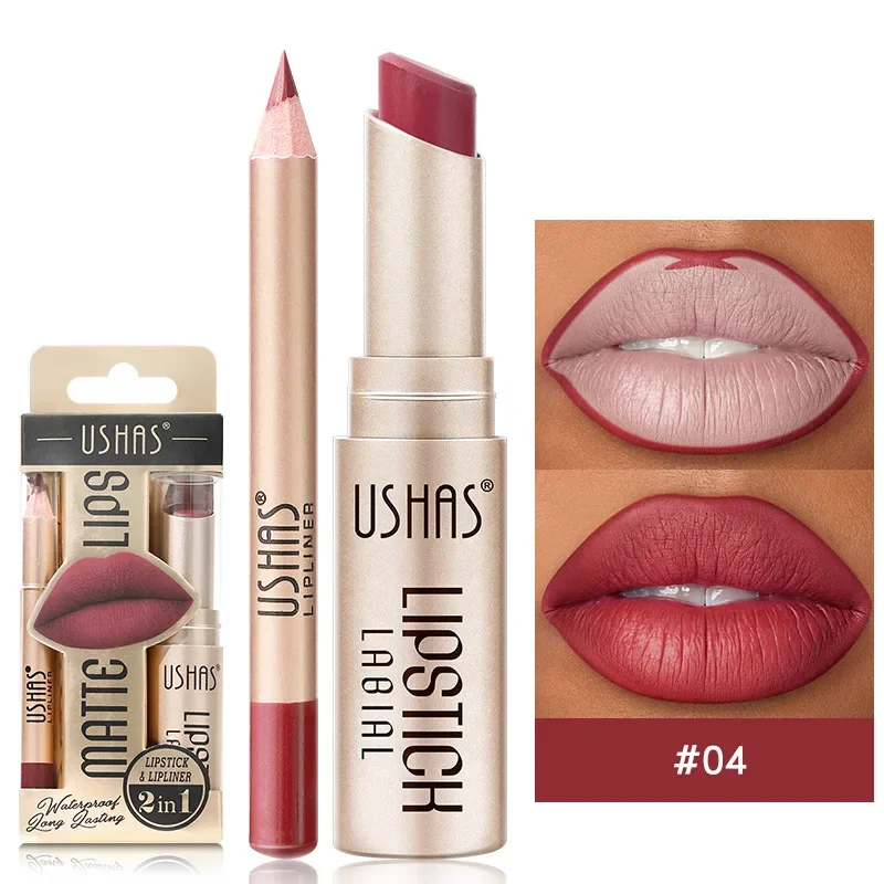 2 in 1 Lippenstift Set Make-up matten Lippenstift & Lip Liner Bleistift wasserdicht dauerhafte Kosmetik nackt braun Kontur getönten Lippen balsam Kit