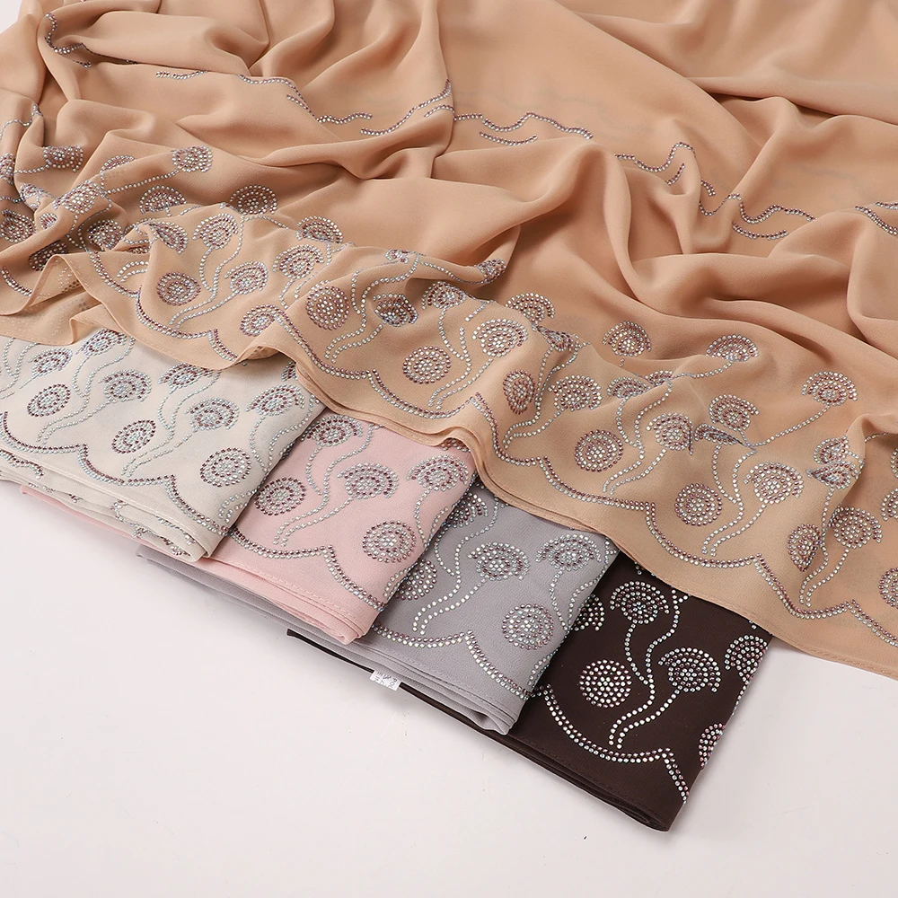 Floral Rhinestone Chiffon Muslim Hijab Hot Drill Scarf Soft Sheer Long Head Scarf Islamic Shawl Head Wrap Wedding