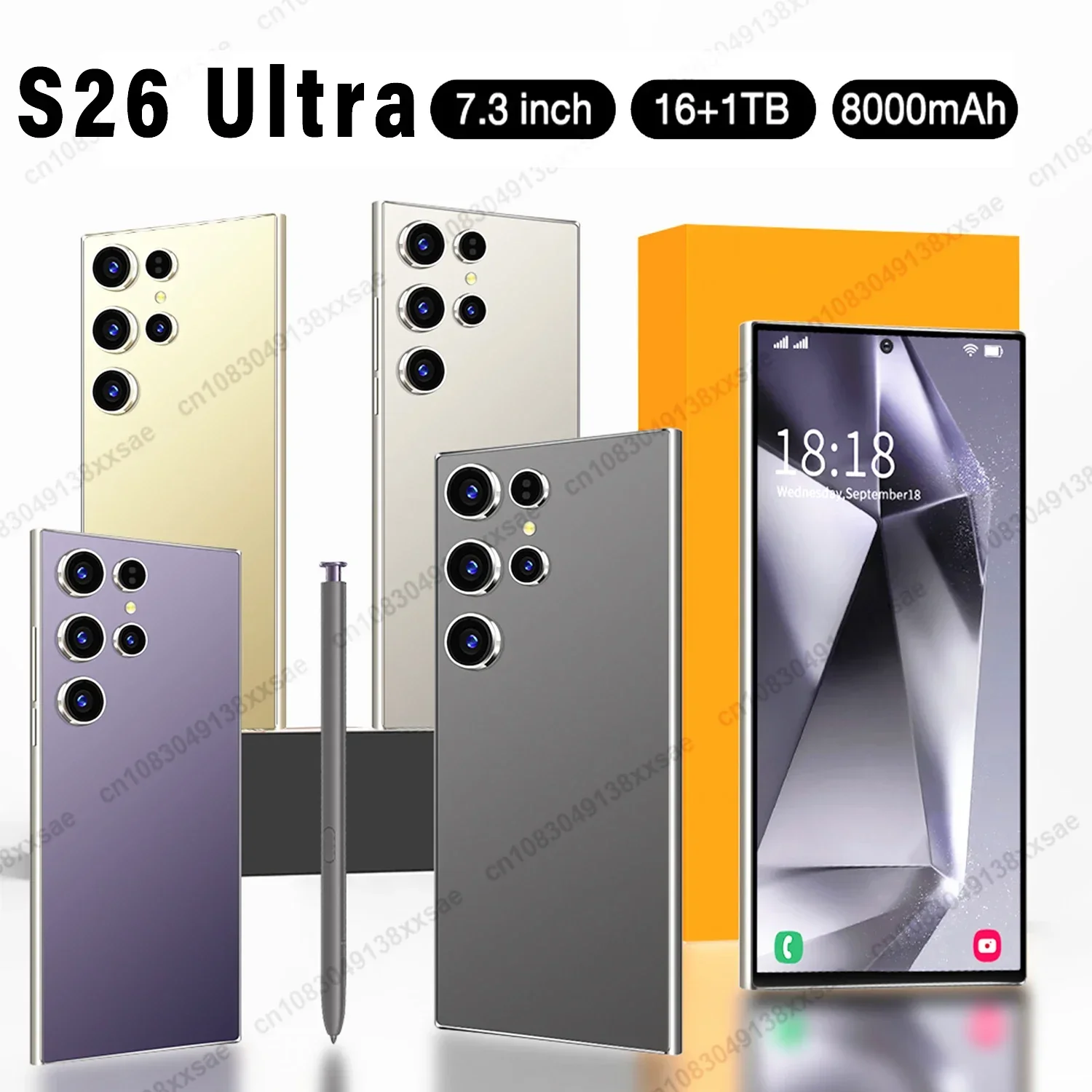 

Smartphone S26 Ultra 7.3inch HD 5G Snapdragon 8Gen3 16GB+1TB Android 14 8000mAh 70+108MP Mobile phone Face Recognition