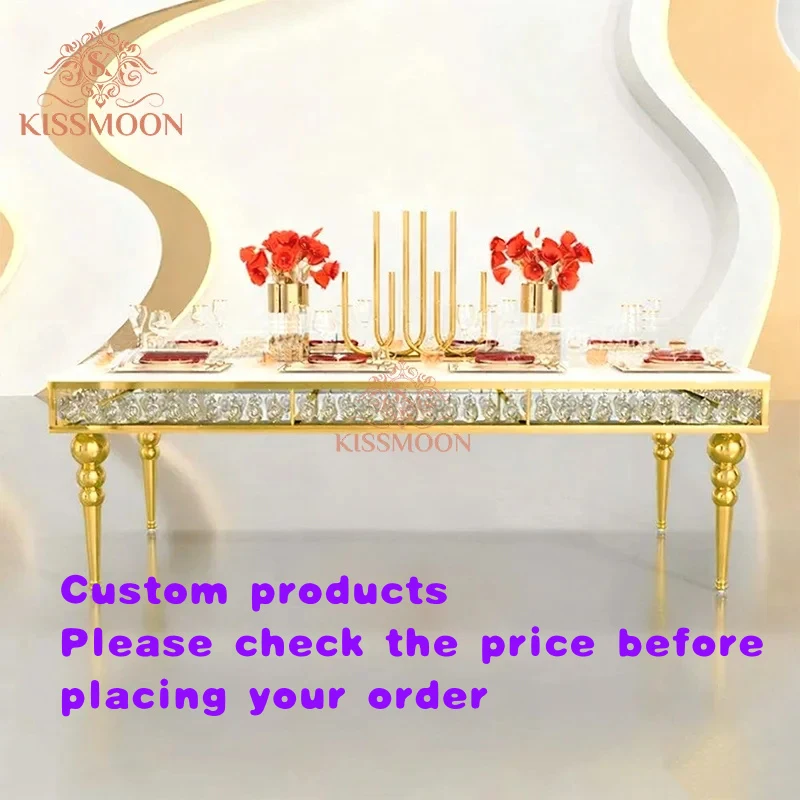 custom.Modern Luxury Rectangular Royal Wedding Table Golden Stainless Steel Frame Glass Top Event Tables