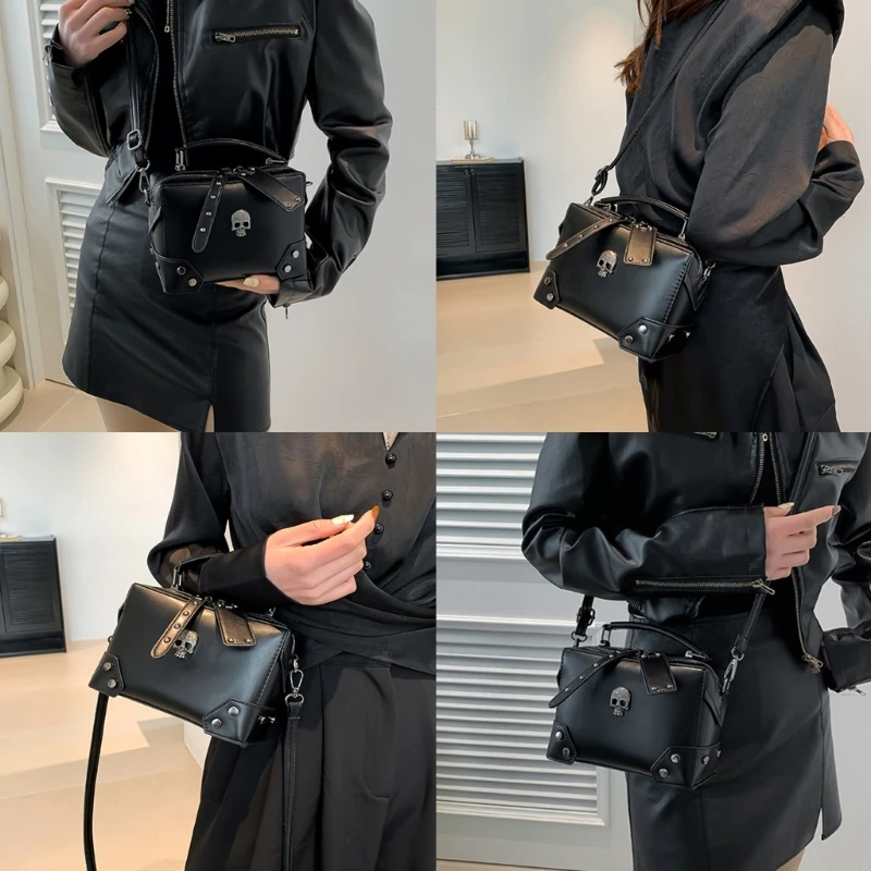 PU Leather Small Shoulder Handbag Gothic Punk Skull Crosses Chain Crossbody Bag Purse with Top Handle for Daily Use