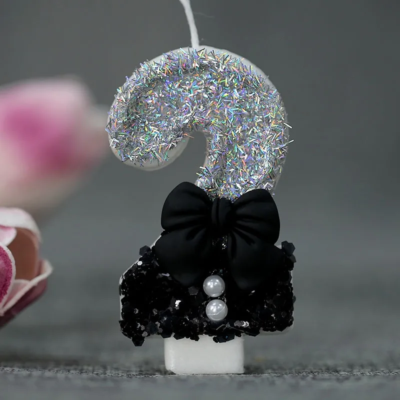 Midnight Bow & Pearl 0-9 Number Birthday Candles  Decor for Cake Anniversary Party Supplies