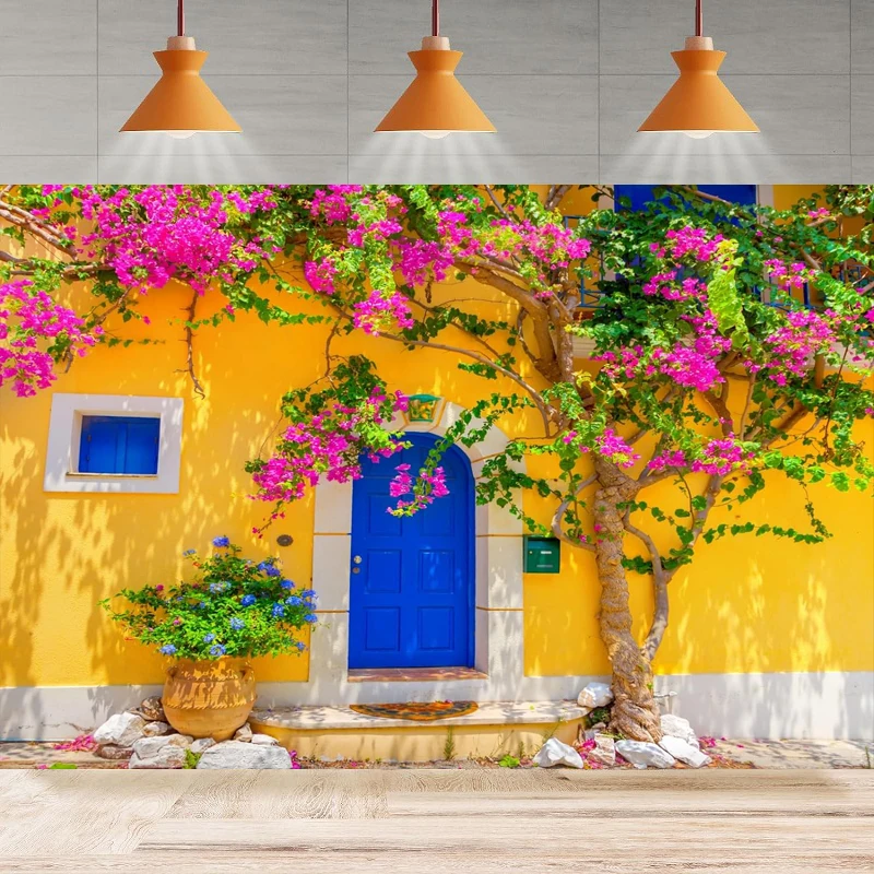 Greece Street Photography Background Greek Mediterranean Style Yellow House Wall Blue Door Windows Flowers Party Backdrop Wall