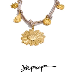 Yhpup 2025 Rope Braided Sunflower Flower Pendant Necklace Handmade Stainless Steel Trending 18K Jewelry Accessories