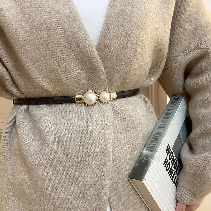 

Fashion Luxury Pearl Women Belt Thin Waist Dress Coat Sweater Jeans Decoration Retro Elastic Belt Double Pearl Buckle Decor Belt