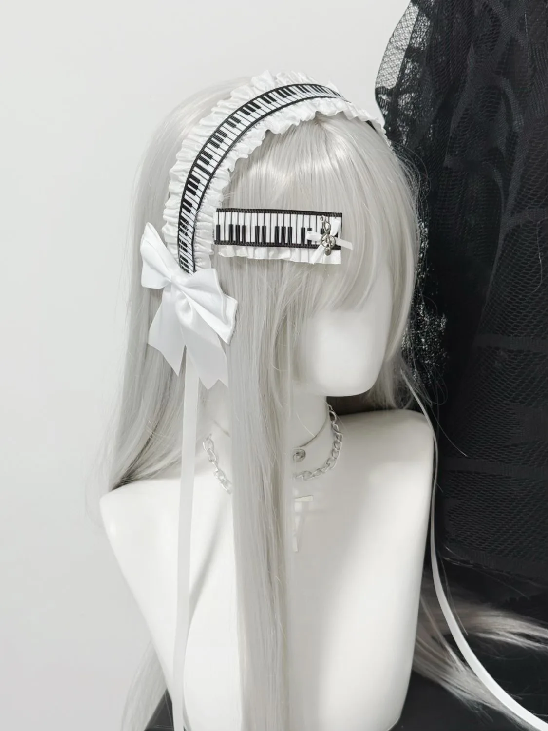 Lolita Creative White Black Piano Headband Hiar Clip  Hair Accessories Sweet Ruffled Lace Bow Headband Headwear