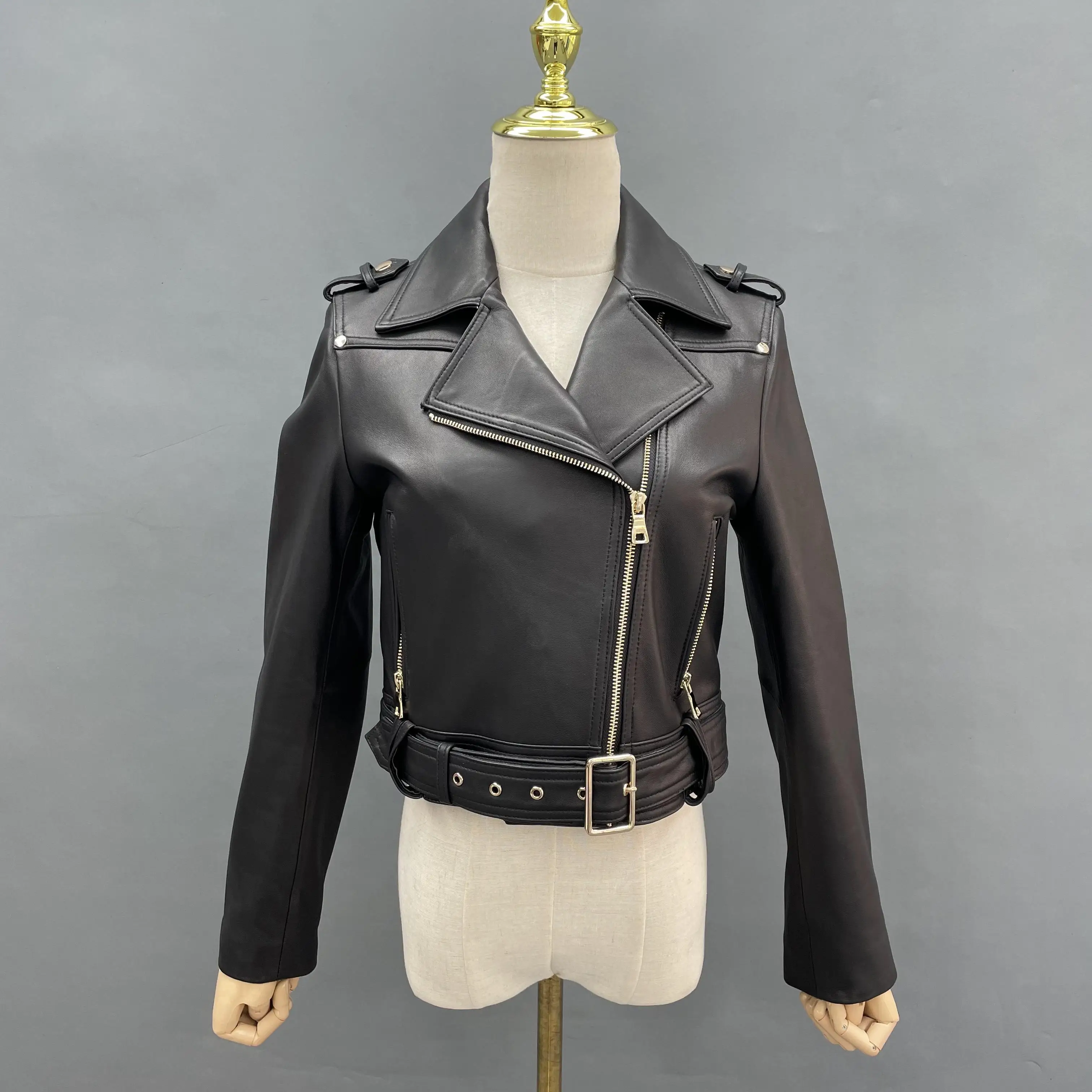 JANEFUR-Veste en cuir véritable pour femme, manteau de motard en peau de mouton véritable, coupe slim, court, noir, mode