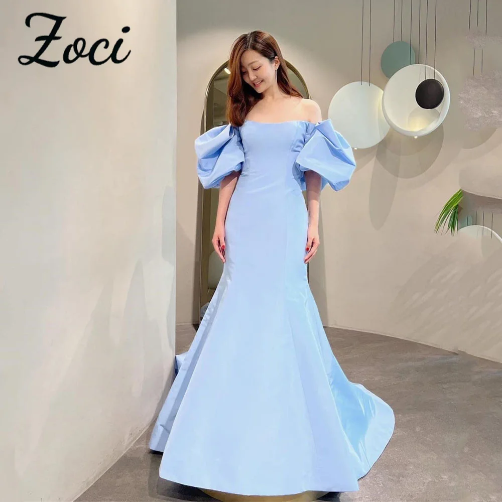 

Zoci Elegant Sky Blue Korea Wedding Dresses Photos Shoot Mermaid Short Puff Sleeve Backless Formal Evening Party Gown Customized