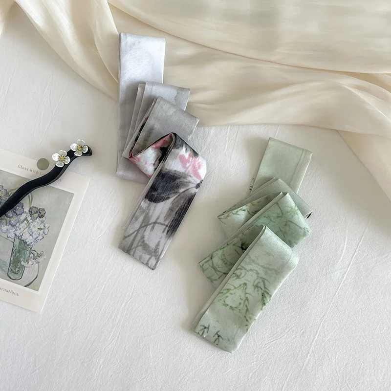 New Vintage-Style 130-150cm Narrow Printed Silk Scarf New Chinese-Style Ribbon Hairband and Tie-Up Scarf