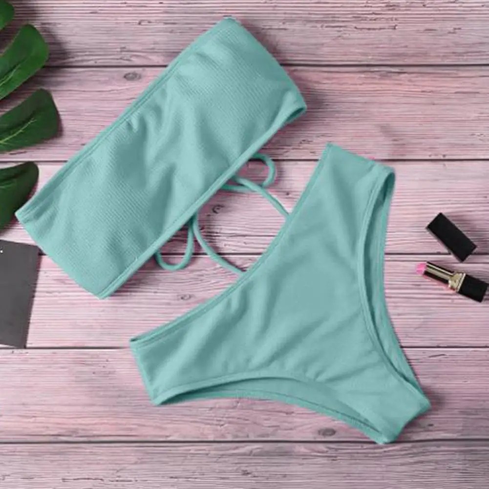 Lady Swimwear Solid Color Two-piece Set Bandeau Swimming Trunks Split Bikini Set Tube Top Women Beach Suit Women Clothes