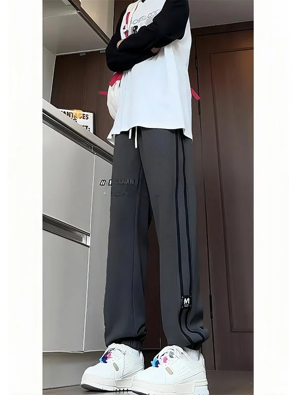 

American Sle Heavyweight Striped Men's Autumn Winter High Waist Straight Leg Cuffed Sweatpants Teenage Loose Slimming Sport...