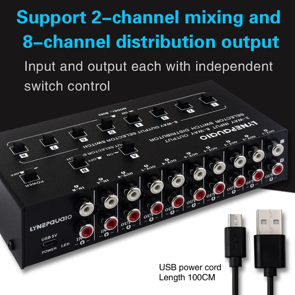 2 in 8 Out Audio Frequency Signal Selector Shift Device Support 2 Sets Mix Input and 8 Sets Output RCA Interface