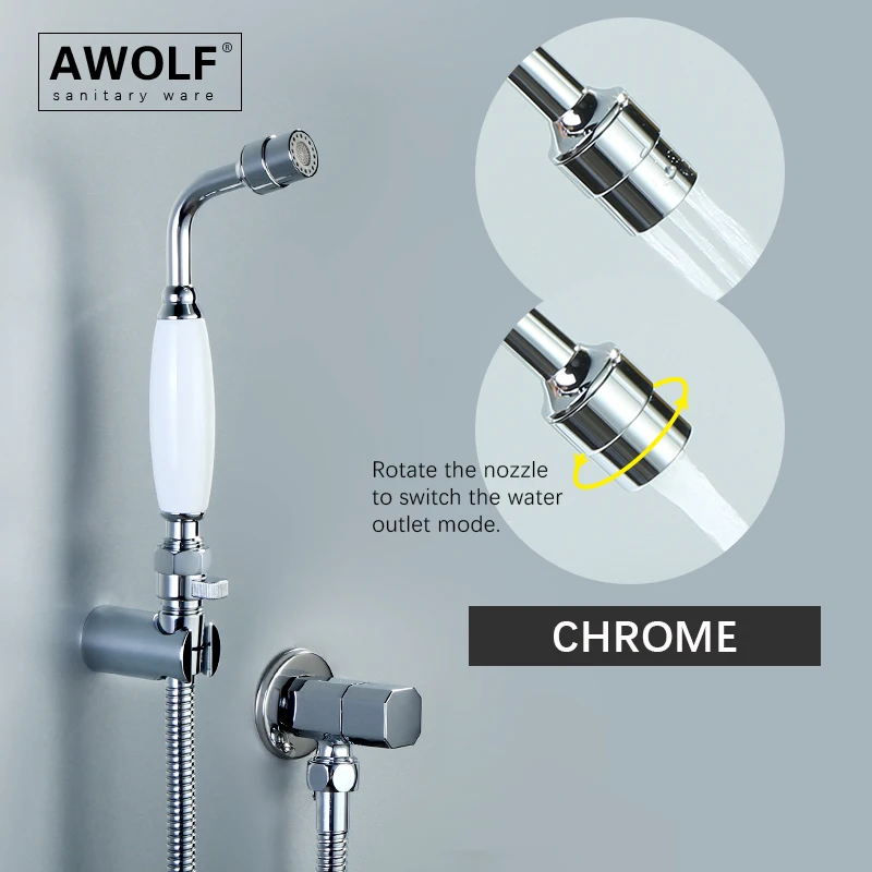 

Awolf Two Function Hygienic Shower Head Chrome White Handheld Toilet Bidet Sprayer Set Solid Brass Soft Water Anal Shower AP2349