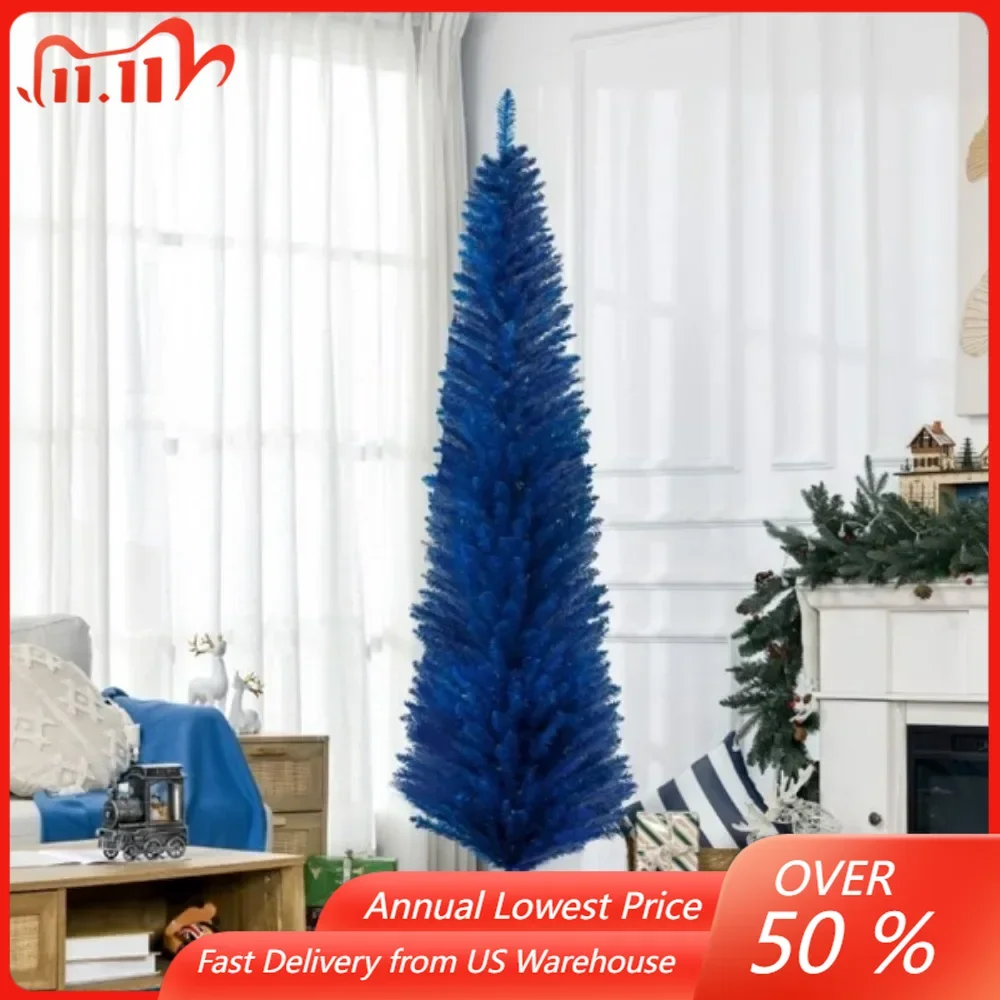 The 7-foot-tall artificial Christmas tree comes in a slim pencil pattern, with 499 branches adding a lush look to the tree