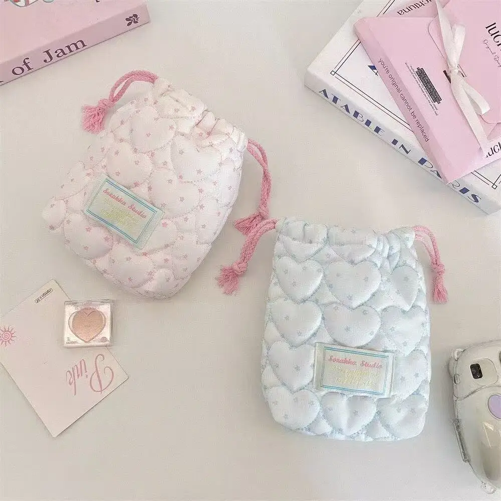 2026 Korean Girl-Style Drawstring Bag with Heart Quilting and Star Print Drawstring Closure Polaroid Makeup Storage Bag Ins Gift