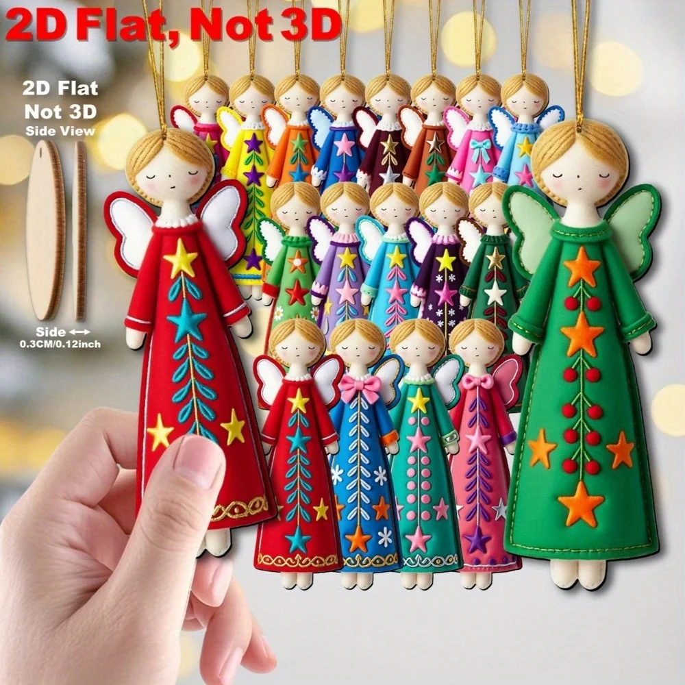 16Pcs Colorful Angel Decorations - 4.7inch Artificial Wooden Flat 2D Angel Ornaments with Star and Floral Patterns, in Bright Pink, Blue, Green, Red, Gold, and White, Suitable for Christmas Tree Toppers, Gift Tags, Party and Home Decorations (No Electricity Required, Suitable for Multiple Holidays)