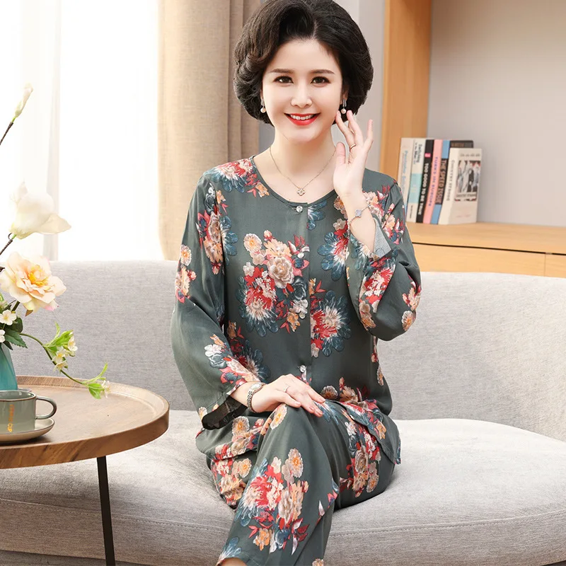 Middle-Aged Elderly Mother Home Clothes Cotton Rayon Pajamas Women\'s Spring Autumn Long-Sleeved Trousers Two-Piece Set XL-5XL