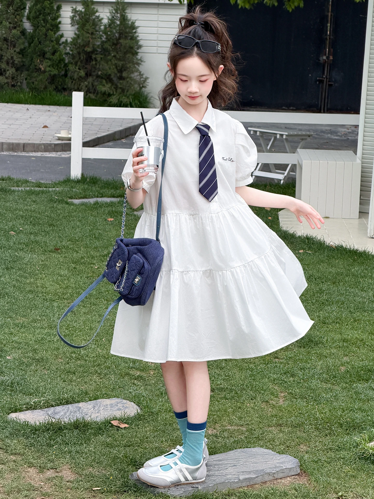 韓国風学校制服ドレス女の子夏のシャツドレス子供用ロングスカート柔らかい生地ハイウエスト半袖ミドル丈