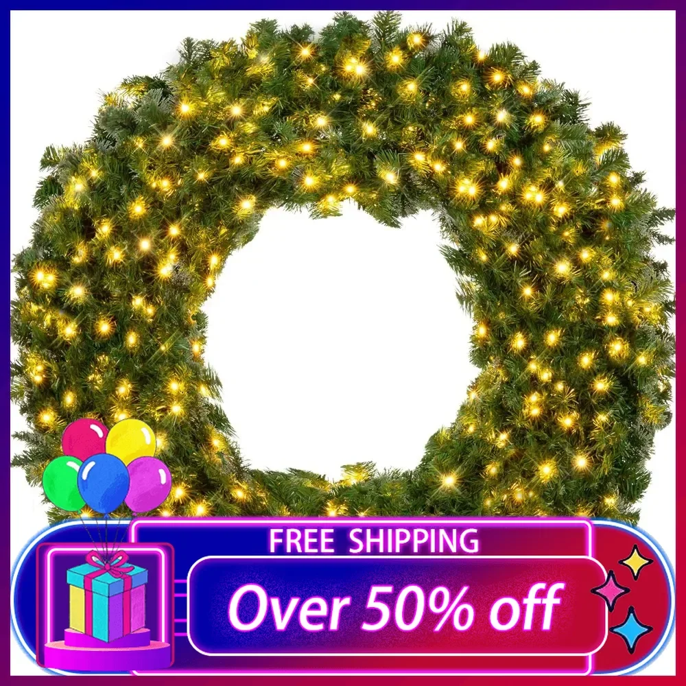 

48in Large Artificial Pre-Lit Fir Christmas Wreath Holiday Accent Decoration w/ 200 LED Lights, 714 PVC Tips,Christmas Lights