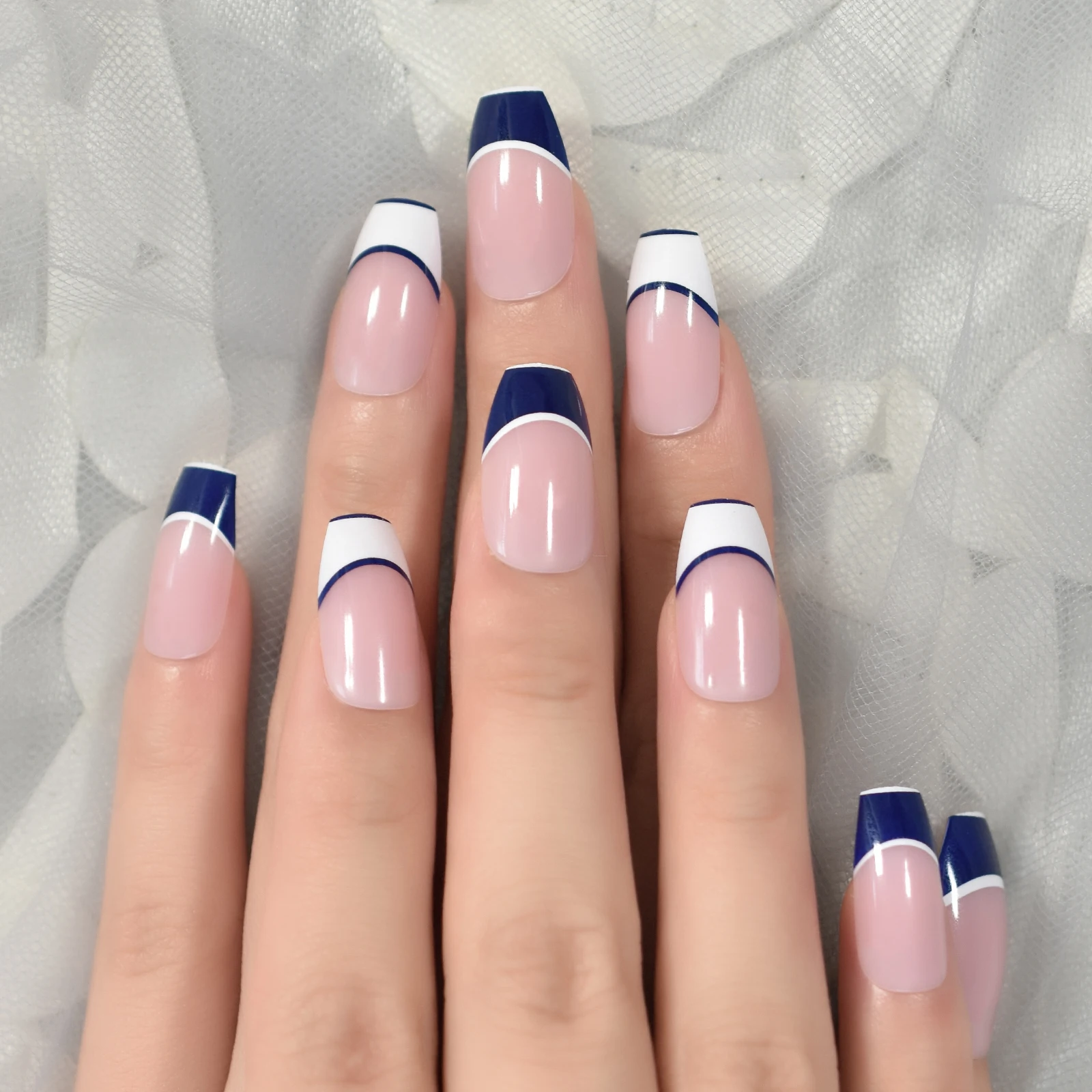 Unhas brilhantes grossas frança bule branco topo unhas falsas com abas curto caixão manicure atacado imprensa em unhas unhas falsas