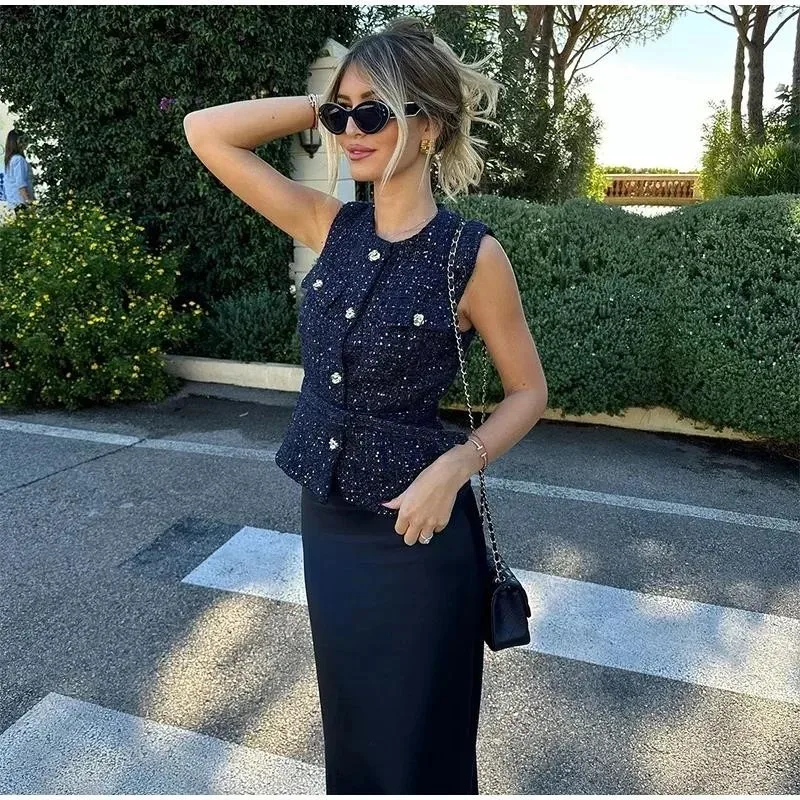 Women Elegant Chic O Neck Belt Sleeveless Texture Vest Top Button Pockets Decoration Soft Sequin Slim Waistcoat Casual Top Mujer
