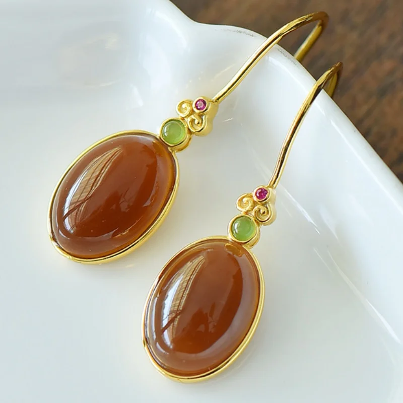 SGARIT Authentic Jadeite Hetian Brown Jade S925 Silver Inlay 11*33mm Xinjiang Material Cabochon Hook Earrings Toffee Color