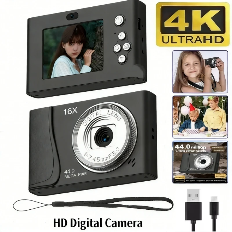 Cámara Digital 4K, videocámara para niños de 24 millones de píxeles, cámaras compactas con Zoom 16x, enfoque automático para fotografía de niños, adultos y principiantes