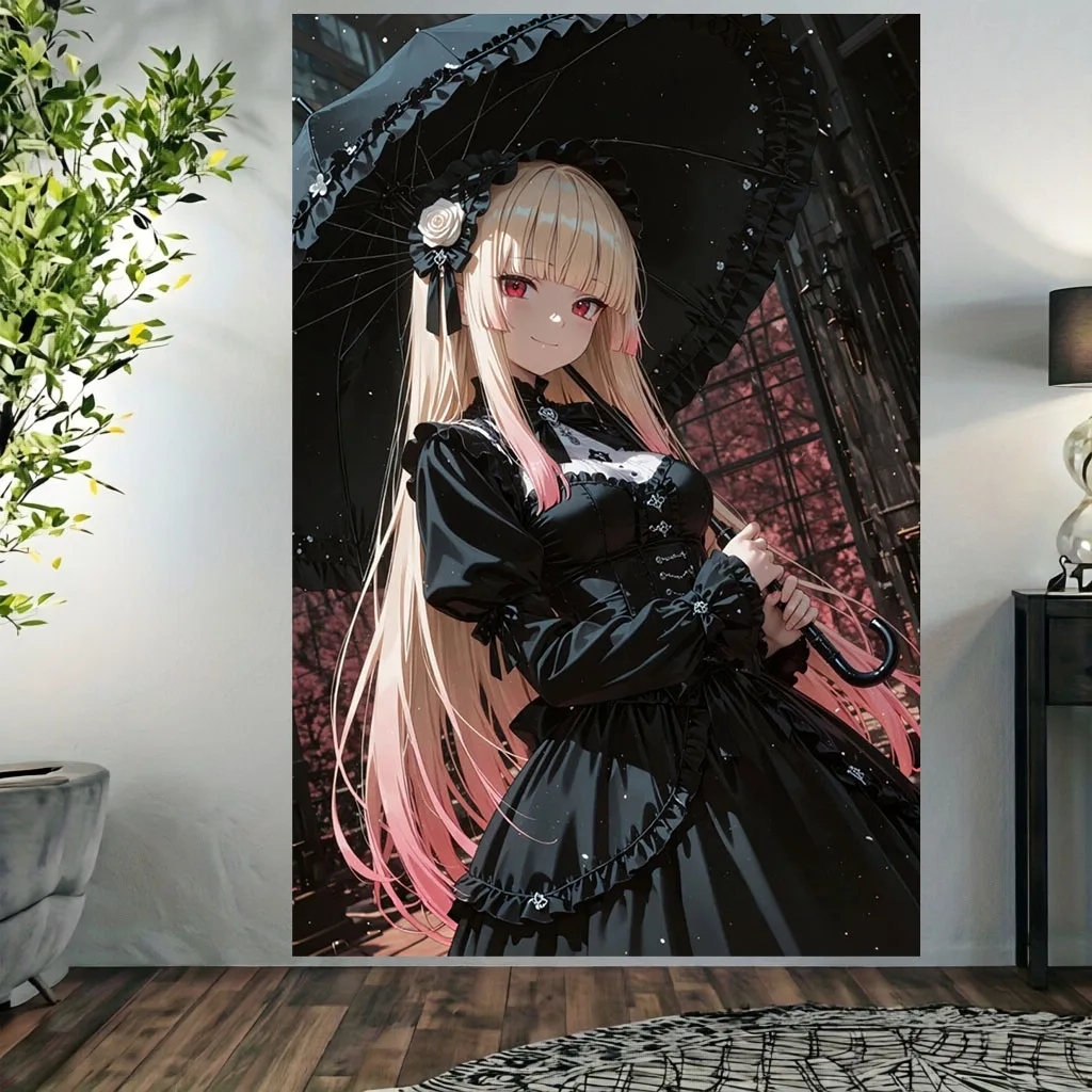 Gothic Lolita Anime Girl Tapestry Blonde Pink Ombre Hair Red Eyes Dark Vintage Bedroom DormDark Aesthetic Room Decor Gift