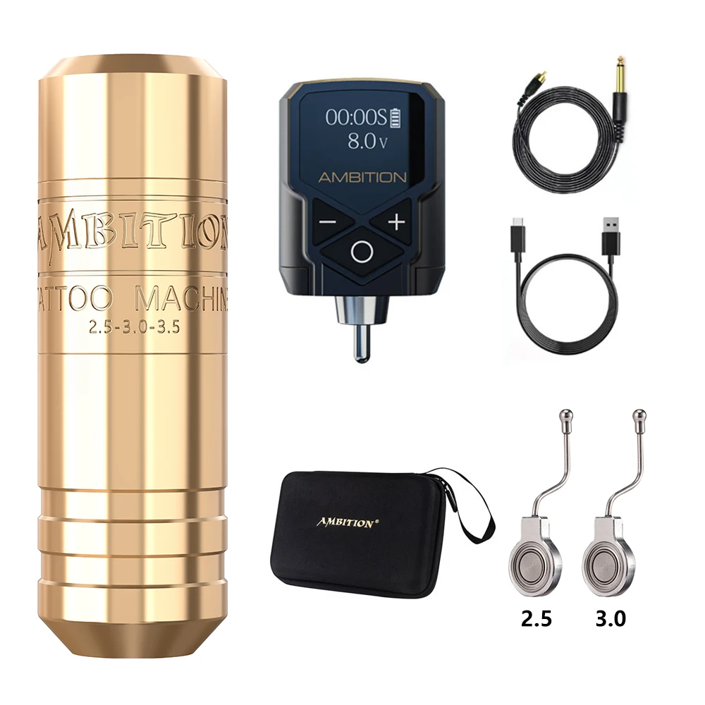 Ambition Torped 28-Takt 2,5-3,0-3,5 mm Rotary Tattoo Pen Machine Drahtlose Kuark-Batterie Leistungsstarker bürstenloser Motor RCA-Kabel
