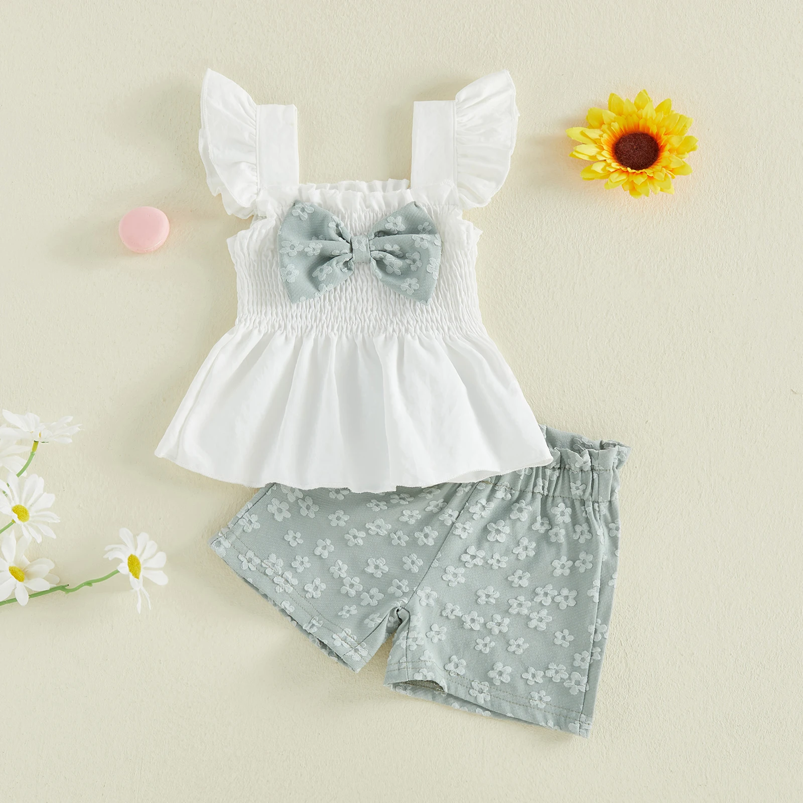 0-4Y Toddler Baby Girl Summer Outfit Casual Decorative Bow Smocked Flying Sleeve Shirt Tops Flower Shorts 2 Pcs Set