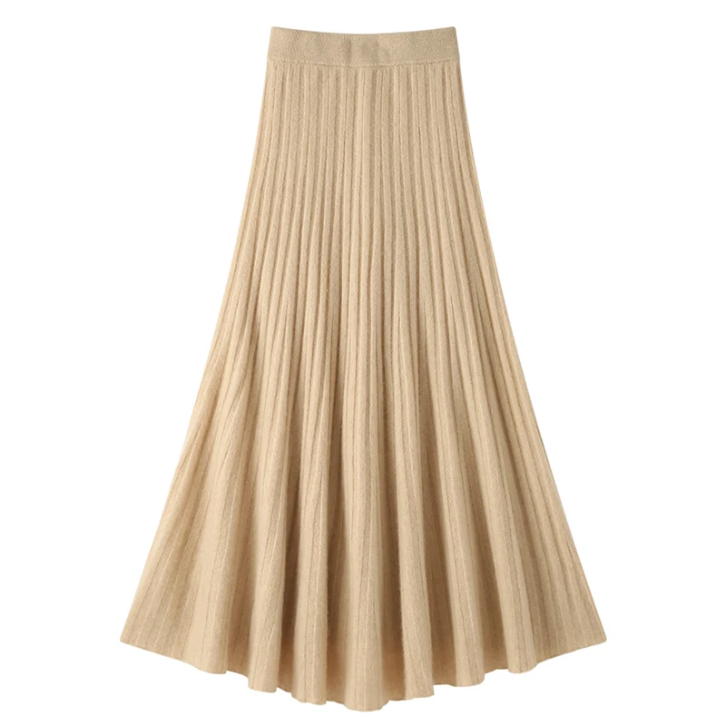 Dream Autumn Winter Women’s 100% Cashmere Skirt A-Line High Waist Long Pleated Skirts Grace Cashmere Dress Korean Style Knitted