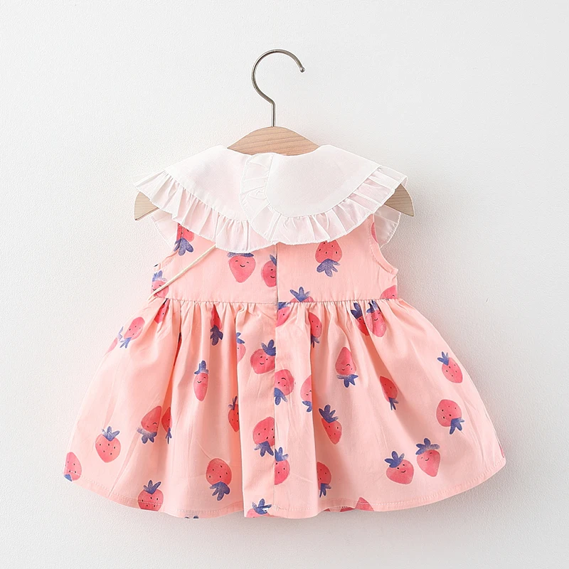 (0-3 Years Old)Baby Clothes For Girls Summer New Cotton Strawberry Print Lace Neck Dress For Kids Girls Princess Dress For Kids