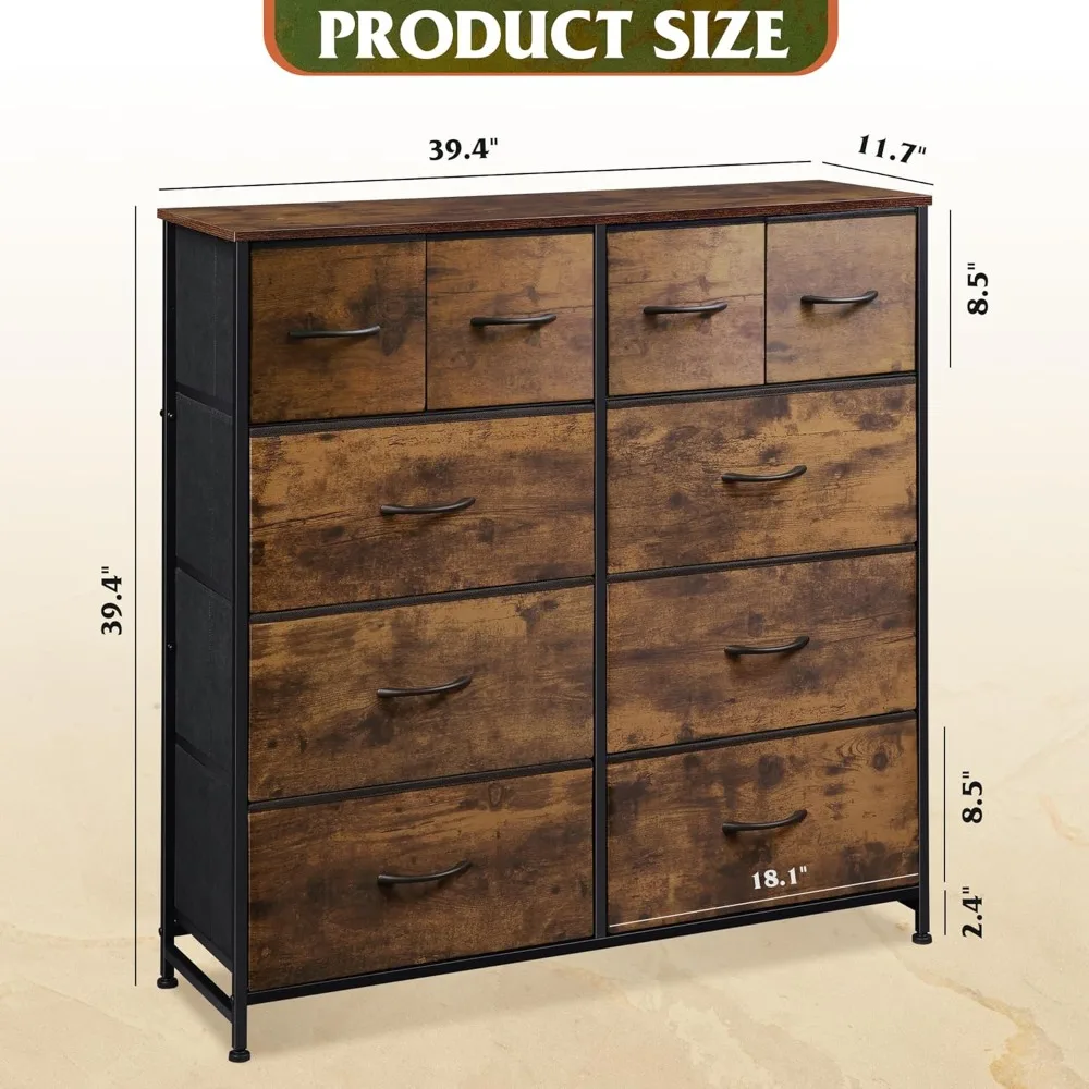 Dresser for Bedroom with 10 Drawers, Wide Fabric Dresser for Storage and Organization,for Living Room, Rustic Brown Wood