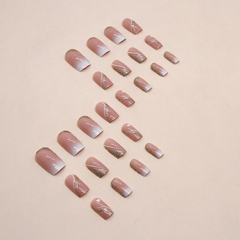 Short Medium fake nails for women gilrs french square nail tips golden glitters strips leaf heart design press on false nails view 5