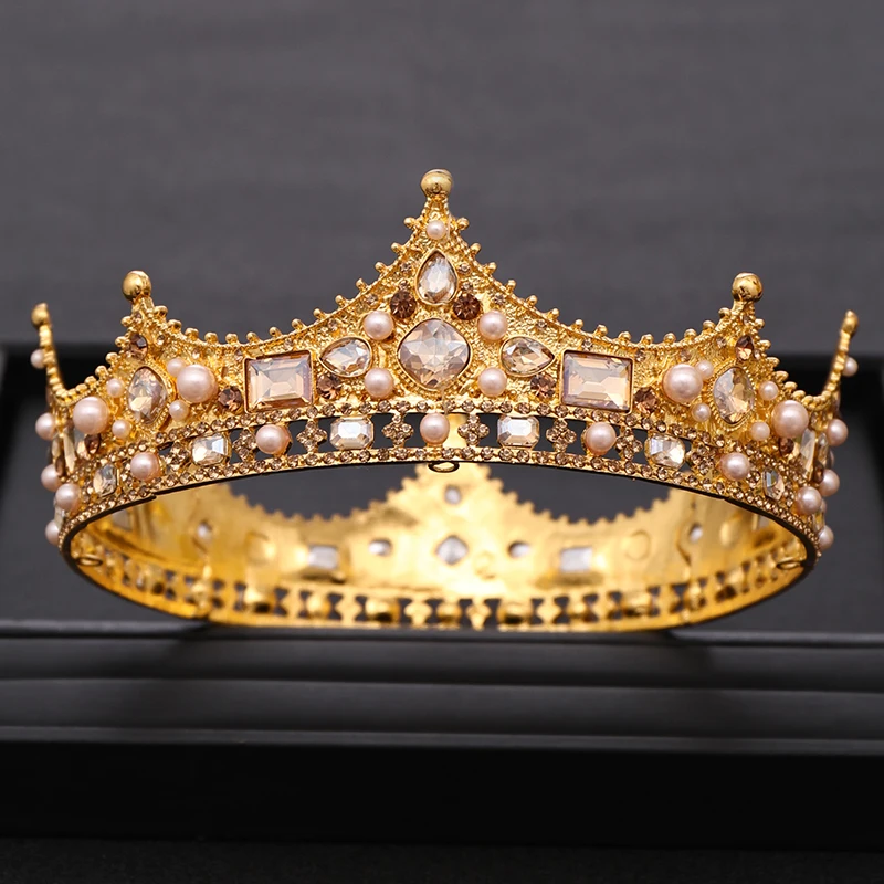Vintage Wedding Crown Tiara Crystal Pearl Round Tiaras Baroque Bridal Crown Wedding Hair Accessories Bridal Hair Jewelry Gift image 3