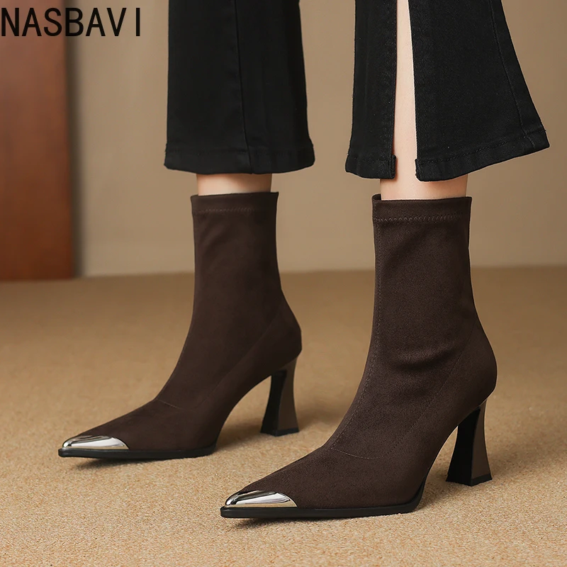 

NASBAVI 2026 Fashion Women Ankle Boots Winter Stretch velvet Autumn Shoes Kitten High Heels Pointed Toe Dress Short Boots 34-40