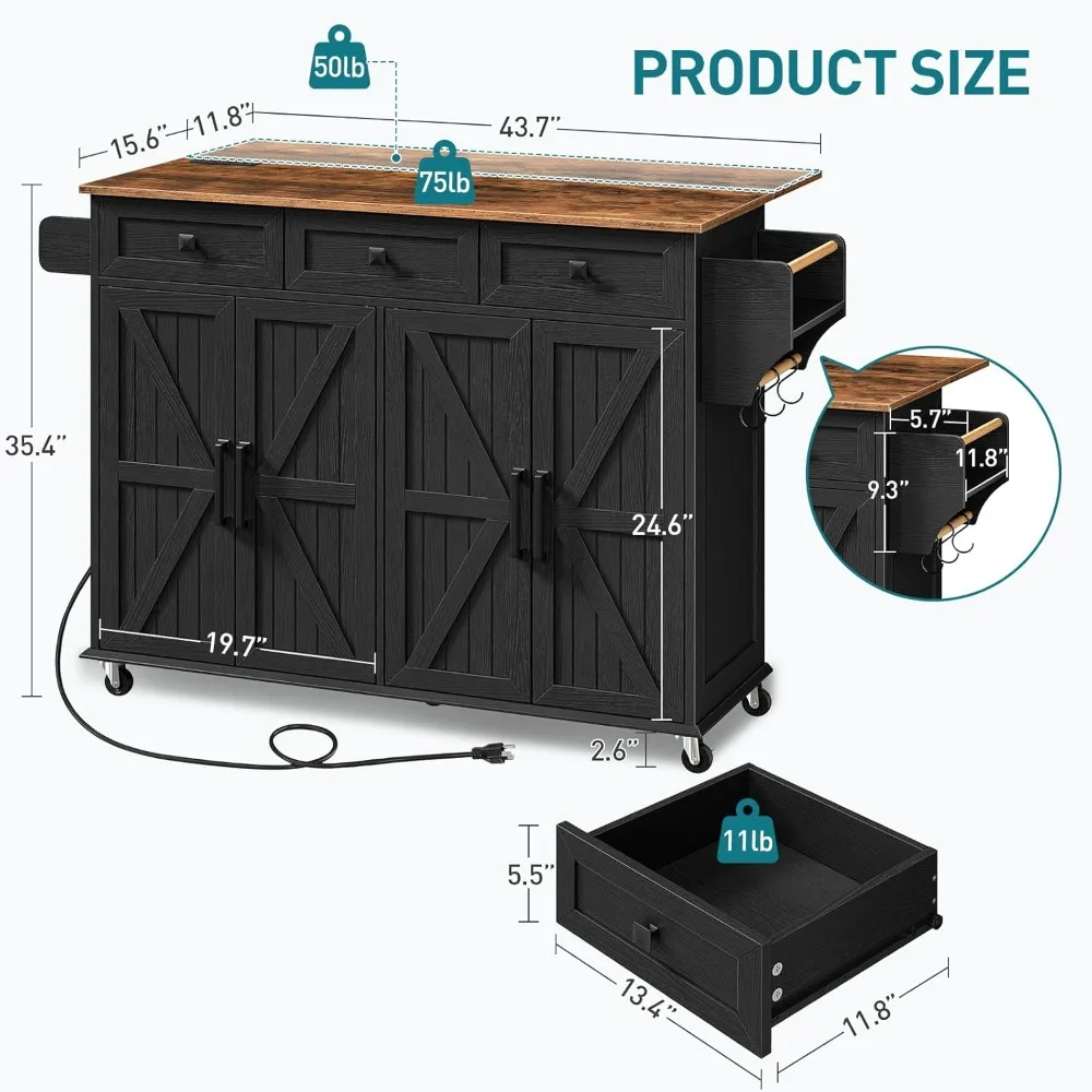 Kitchen Island with Drop Leaf, Kitchen Cart with Charging Station, Kitchen Table with Storage, Rolling Island Table with 3 Drawe