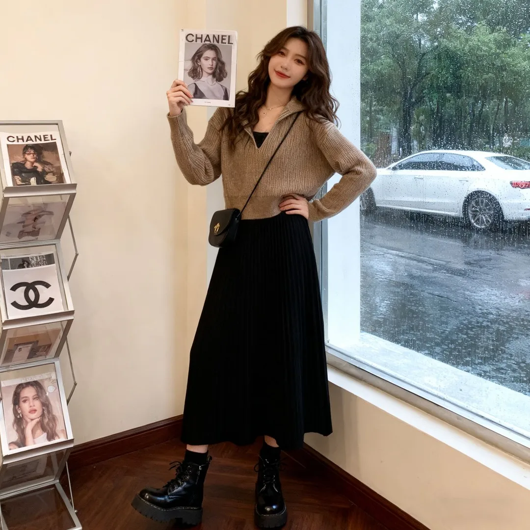 

Корейский повседневный комплект из двух предметов: свободный вязаный свитер и юбка миди с высокой талией для женщин на зиму