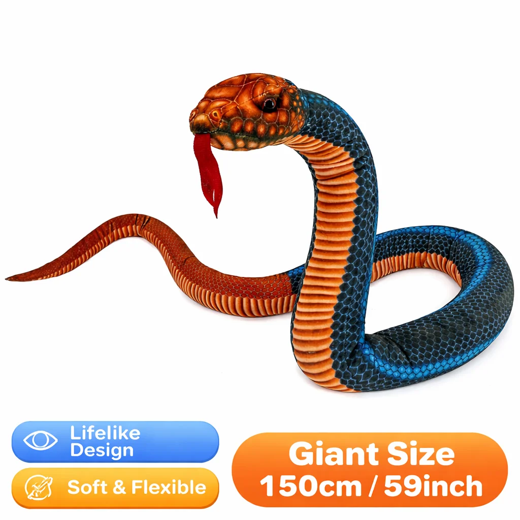 Realistic Plush Snake Toy 150cm Giant Stuffed Snake Soft Flexible Lifelike Animal Toy for Kids Prank Halloween Party Decor Gift