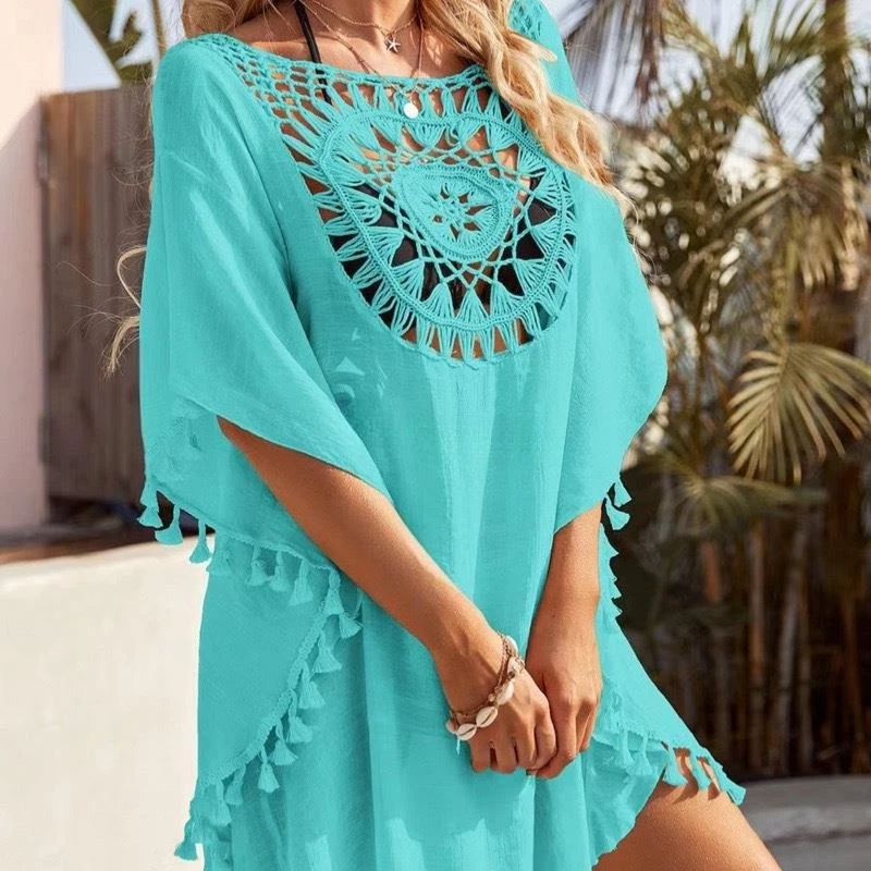 

Пляжное платье ручной вязки однотонного цвета с маленькими кисточками, короткое, солнцезащитное, сексуальное пляжное парео